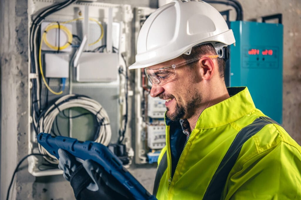 Um colaborador da Tecnogera, sorridente, usa um tablet enquanto veste um capacete branco, óculos de proteção e uma jaqueta refletiva amarela. Ele está ao lado de painéis elétricos abertos, com fios e componentes à mostra na parede, reforçando a importância da segurança elétrica para evitar acidentes.