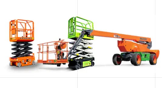 Na imagem, aparecem três tipos de plataformas elevatórias da Tecnogera - ideais para trabalhos em altura e soluções em energia: uma pequena plataforma tesoura laranja, uma maior nas cores verde e preta com uma pessoa dentro, e um grande modelo articulado laranja e verde, com braço estendido para alcançar lugares mais altos.