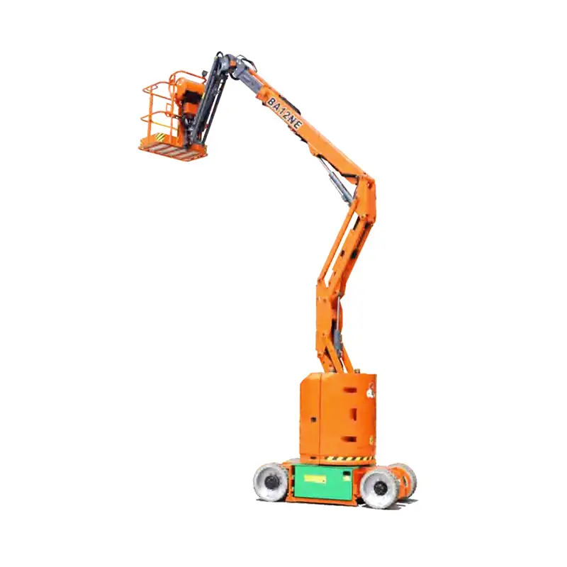 A imagem mostra uma plataforma articulada laranja da Tecnogera, com quatro rodas e um braço dobrável estendido para cima, onde fica a área do operador. O equipamento está destacado em um fundo branco.