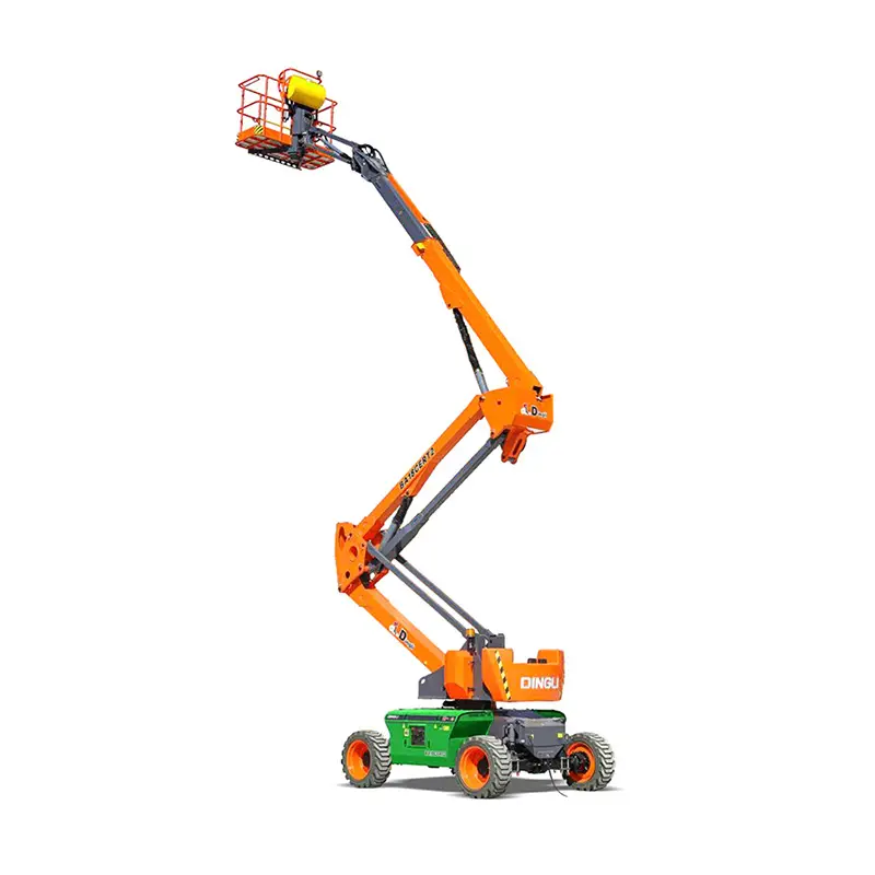 A imagem mostra uma plataforma articulada de elevação nas cores laranja e verde, com a marca "DINGLI" e pneus grandes de borracha. A plataforma está elevada por braços articulados e possui graus de segurança ao redor. O fundo é branco. Este equipamento faz parte das soluções oferecidas pela Tecnogera.