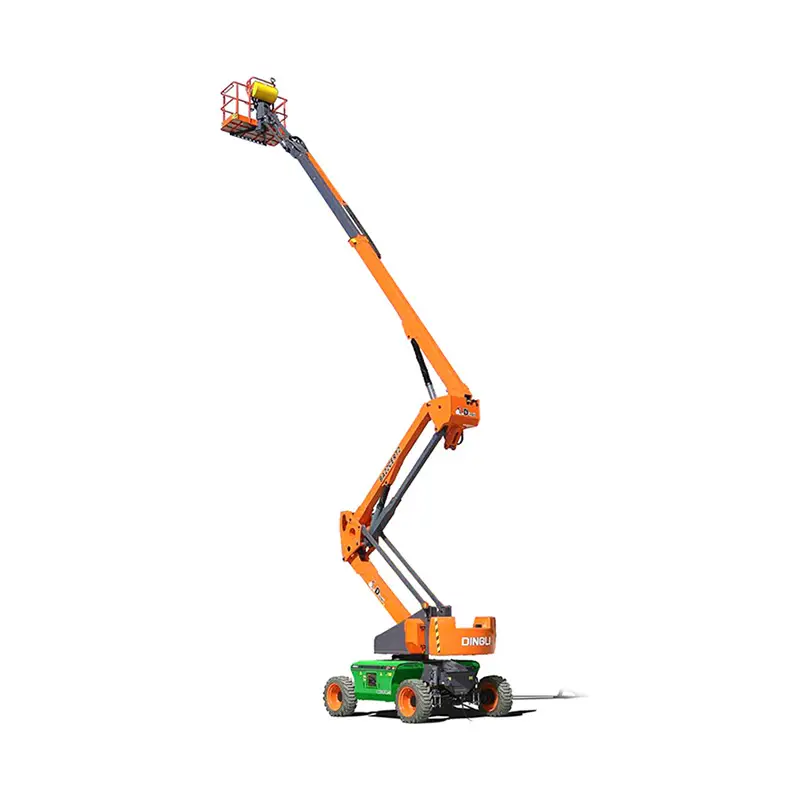 A imagem mostra uma plataforma elevatória articulada nas cores laranja e verde, da marca Dingli, com pneus grandes e uma pequena plataforma de segurança no topo. O equipamento está destacado sobre um fundo branco e representa as soluções em trabalho em altura oferecidas pela Tecnogera.