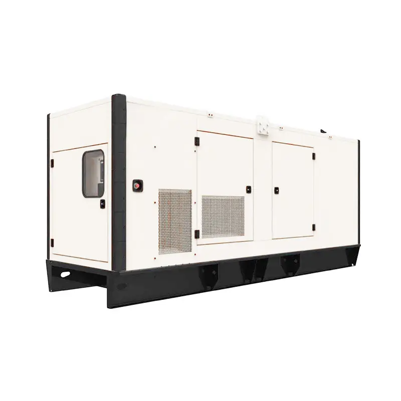 Um gerador de energia industrial de grande porte na cor branca, com base e detalhes em preto, aparece sobre um fundo branco. Equipado com venezianas de ventilação, uma pequena janela e painéis de acesso lateral, ele foi projetado para garantir desempenho confiável em uso intenso. Essa é a solução robusta da Tecnogera para atender às suas necessidades energéticas temporárias.