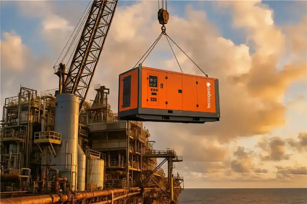 Um gerador industrial laranja da Tecnogera, usado em locação de geradores de energia e chillers para necessidades temporárias, está sendo içado por um guindaste em uma plataforma de petróleo offshore ao pôr do sol, com nuvens marcantes e o oceano ao fundo.