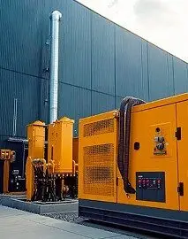 Dois grandes geradores industriais amarelos da Tecnogera estão instalados ao ar livre, ao lado de um prédio moderno de cor cinza escuro. Um dos geradores possui cabos grossos acomodados sobre ele, e é possível ver tubos metálicos de exaustão voltados para cima. Todo o espaço ao redor é pavimentado, limpo e bem organizado.