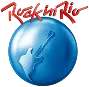 Uma esfera azul com a silhueta de uma guitarra elétrica representa o logotipo do Rock in Rio. Acima da esfera, "Rock in Rio" aparece em uma fonte vermelha e marcante, com estilo manuscrito. O fundo é preto, destacando ainda mais o visual vibrante do festival parceiro da Tecnogera.