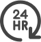 Um ícone preto com a inscrição "24 HR" dentro de uma seta circular, simbolizando que a Tecnogera oferece atendimento ou disponibilidade 24 horas por dia. A seta começa no topo esquerdo e faz um movimento no sentido horário, formando um círculo completo ao redor do texto.