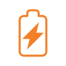 Imagem de uma bateria laranja com raio ao centro sobre fundo preto, simbolizando energia e potência nas soluções da Tecnogera.