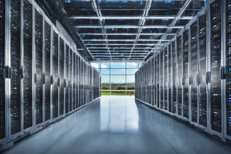 Data center moderno com racks alinhados e piso brilhante. A vista mostra a natureza, reforçando o compromisso da Tecnogera com a transição energética.