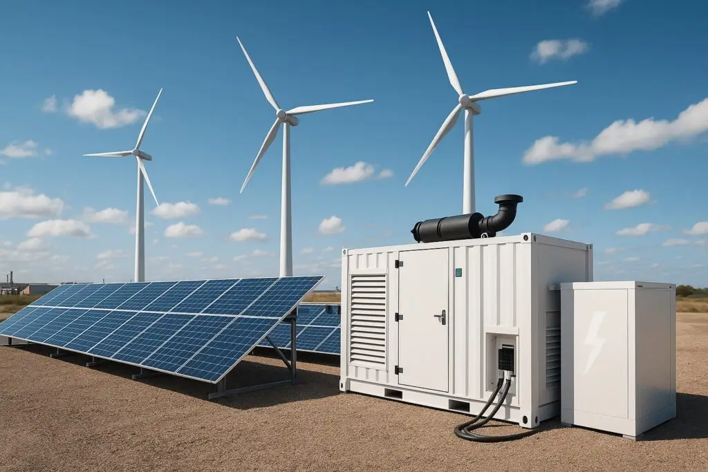 Painel solar, três turbinas eólicas e bateria Tecnogera em paisagem aberta mostram soluções de energia limpa para projetos especiais.