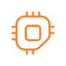 Ilustração laranja de microchip com linhas conectando, usada no site da Tecnogera para representar tecnologia e inovação.