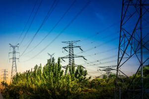 Linhas de transmissão de energia cruzam o céu ao fundo, apoiadas por torres metálicas.