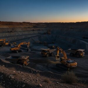 Mina a céu aberto ao anoitecer com escavadeiras e caminhões em camadas de terraços. Geradores tecnológicos mantêm a mineração ativa em terreno desafiador.