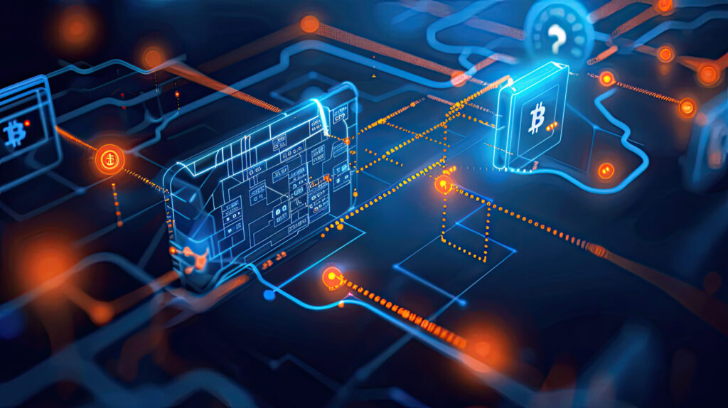 Ilustração digital de rede blockchain, com circuitos azuis e nós laranja. Solução inovadora e tecnológica em destaque.