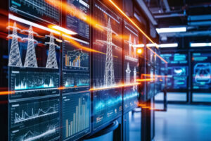 Na central de controle, as telas digitais mostram gráficos de energia e dados, com luzes laranja sinalizando alta eficiência.