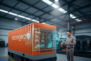 Em um galpão moderno, o homem monitora no tablet o gerador da Tecnogera, com gráficos IoT exibindo dados de uso e desempenho.