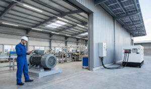 Profissional Tecnogera em macacão azul e capacete branco inspeciona tablet próximo a motor, com painéis solares ao fundo.