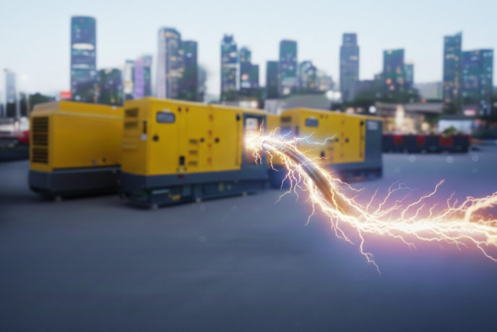 Geradores amarelos Tecnogera ao ar livre, com arco elétrico destacando o poder dos condutores elétricos e cidade ao fundo.