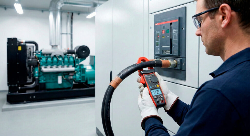 Técnico da Tecnogera, com luvas e óculos, mede amperagem em cabo no painel, com gerador verde ao fundo.
