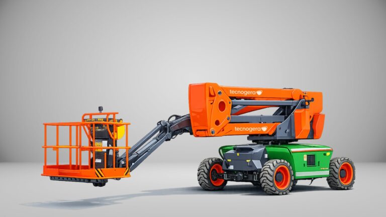 Plataforma articulada Tecnogera, braço laranja e cesto elevado em base verde e preta, destacada em fundo cinza claro.