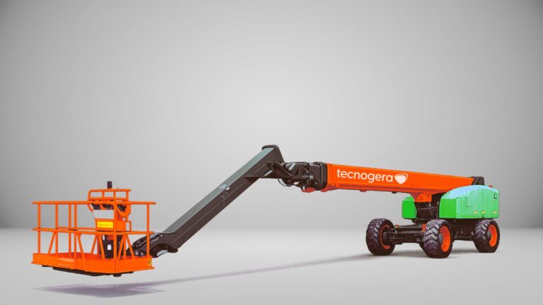 Plataforma telescópica laranja da Tecnogera, com amplo espaço, pneus robustos e motor verde, sobre fundo cinza neutro.