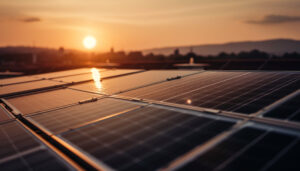 Painéis solares captam a luz do pôr do sol no telhado, refletindo energia solar.