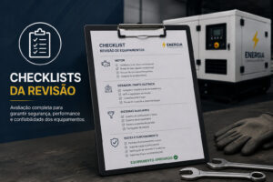 Lista de verificação em prancheta com luvas e chave da Tecnogera sobre a mesa. Fundo: equipamentos industriais, destacando revisão e segurança.