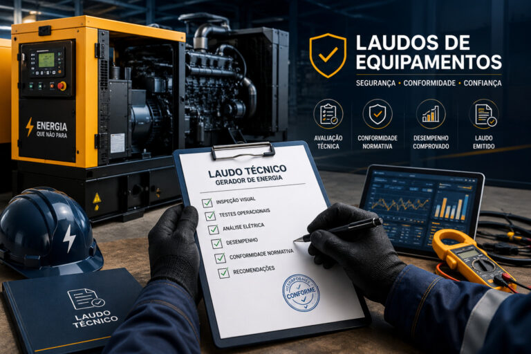 Profissional Tecnogera com prancheta de "Laudo Técnico" ao lado de gerador, EPIs, contratos, e ferramentas de inspeção.