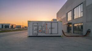 Um sistema de armazenamento de energia em contêiner da Tecnogera está instalado ao lado de uma indústria alimentícia, conectado à infraestrutura elétrica da planta. A solução complementa geradores de energia temporária, garantindo o fornecimento contínuo de energia para manter a produção, a refrigeração e os processos industriais em funcionamento.