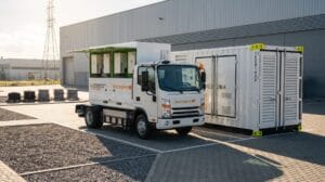 Um caminhão branco com detalhes verdes e equipamentos na caçamba está estacionado ao lado de um grande contêiner branco em um pátio industrial, próximo a galpões. Ambos exibem a marca Tecnogera, apresentando uma solução integrada para demandas de energia. O dia está ensolarado, com sombras no chão e materiais empilhados próximos ao local.