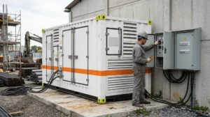 Técnico verificando o painel de comando de um gerador Tecnogera, com a faixa laranja no gabinete, durante teste do plano de contingência elétrica