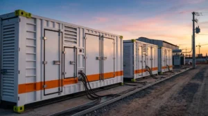 Geradores Tecnogera alinhados no pátio de uma planta, ao lado do transformador e da linha de distribuição que formam o ponto de entrega de energia