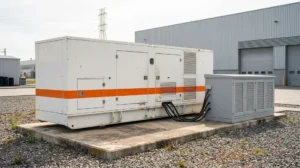 Gerador Tecnogera com a faixa laranja no gabinete ligado a um armário de baterias em pátio industrial, arranjo híbrido usado para reduzir emissão na locação