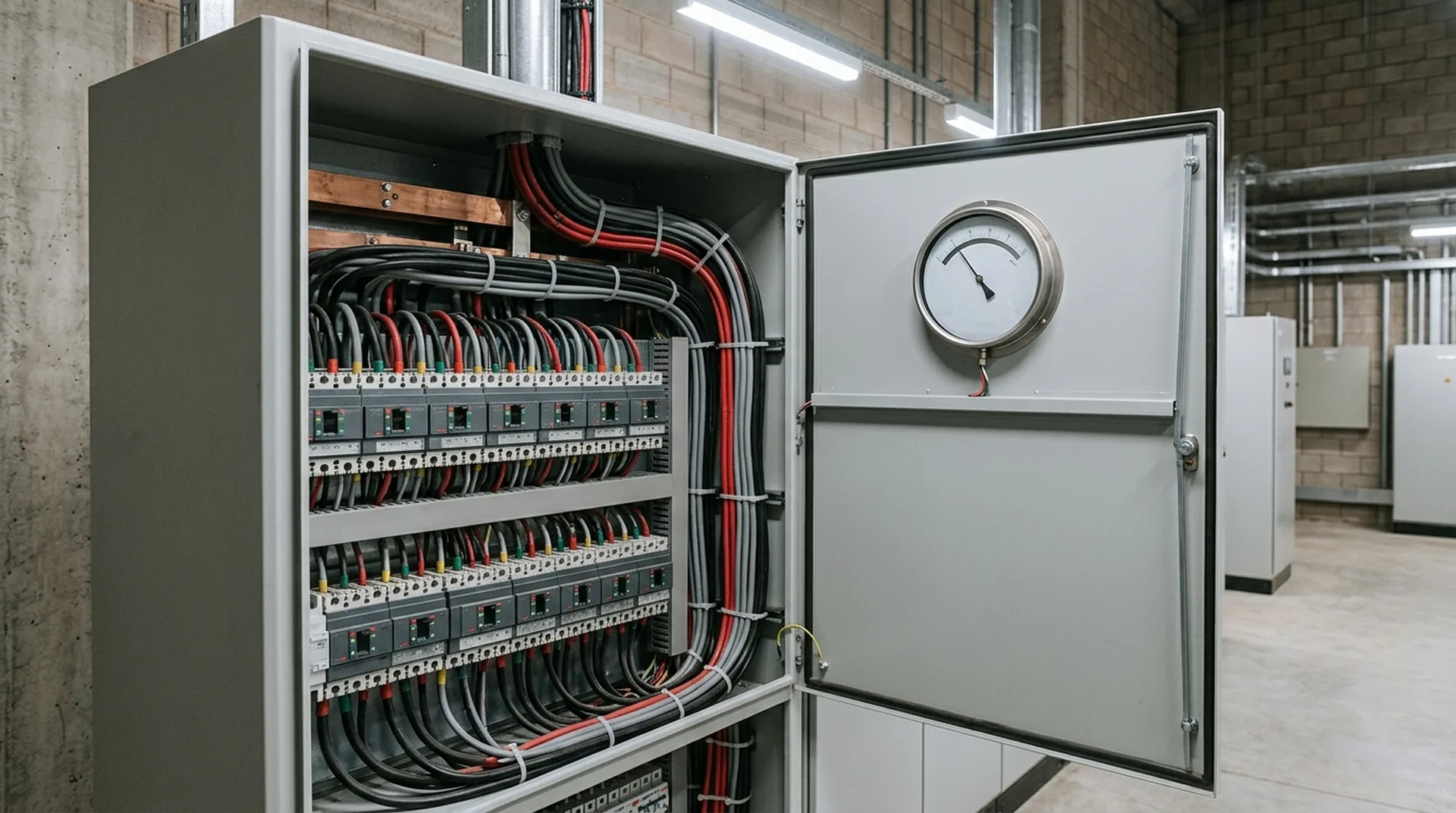 Painel elétrico industrial com medição de carga em horário de pico