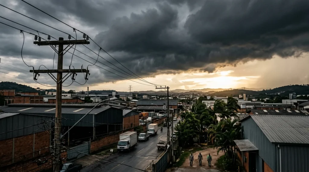 Rede elétrica aérea sob tempestade em área industrial