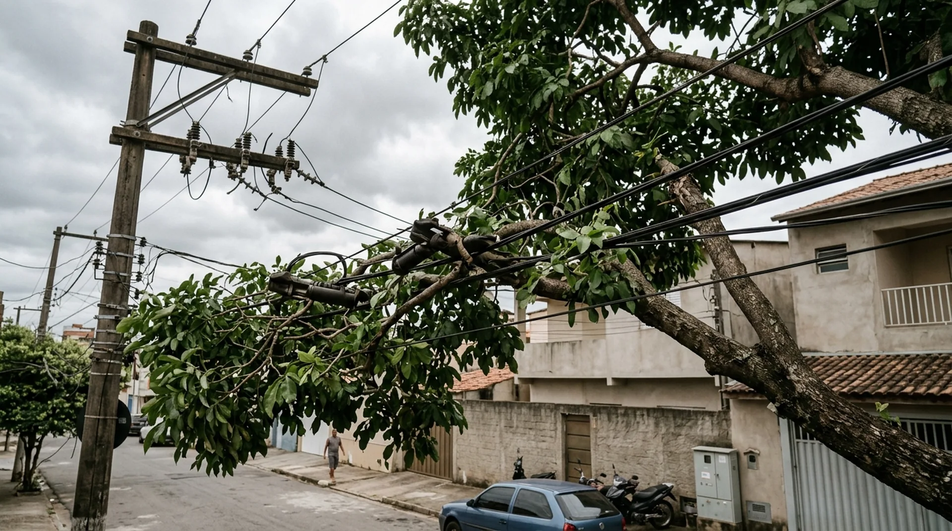 Rede de distribuição aérea com vegetação próxima aos cabos