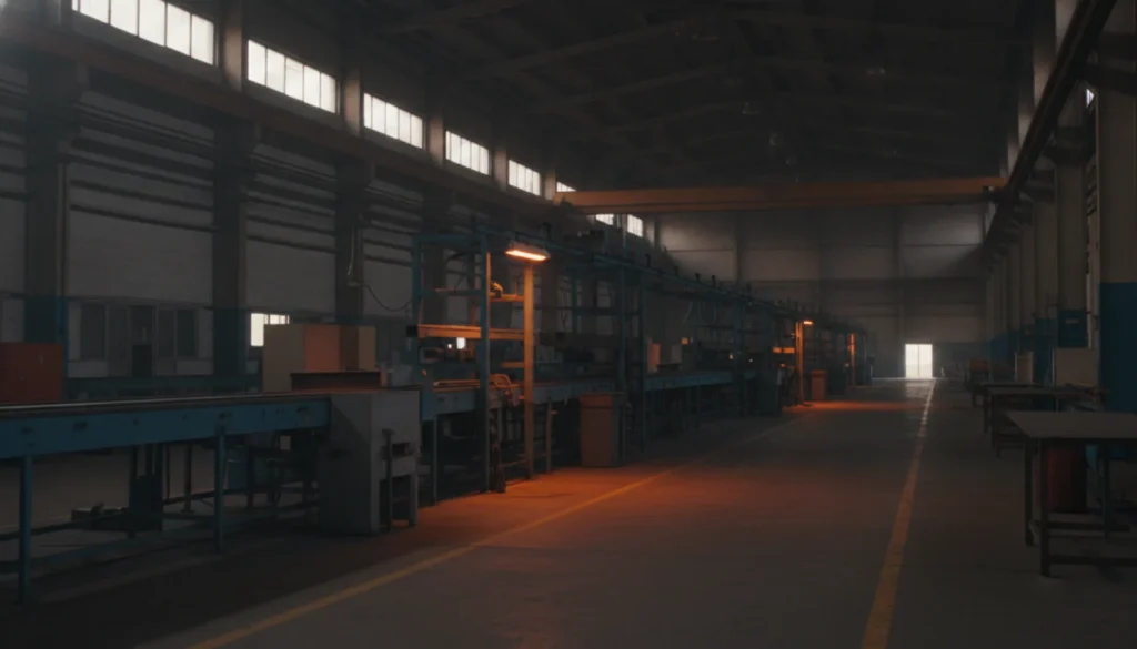 Linha de produção industrial parada sob iluminação de emergência