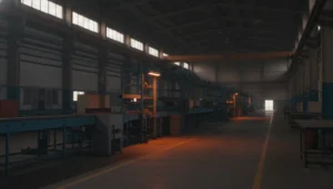 Linha de produção industrial parada sob iluminação de emergência