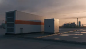 Container de grupo gerador com faixa laranja ao lado de armário de baterias