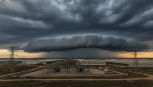 Tempestade se formando sobre subestação de energia em parque industrial
