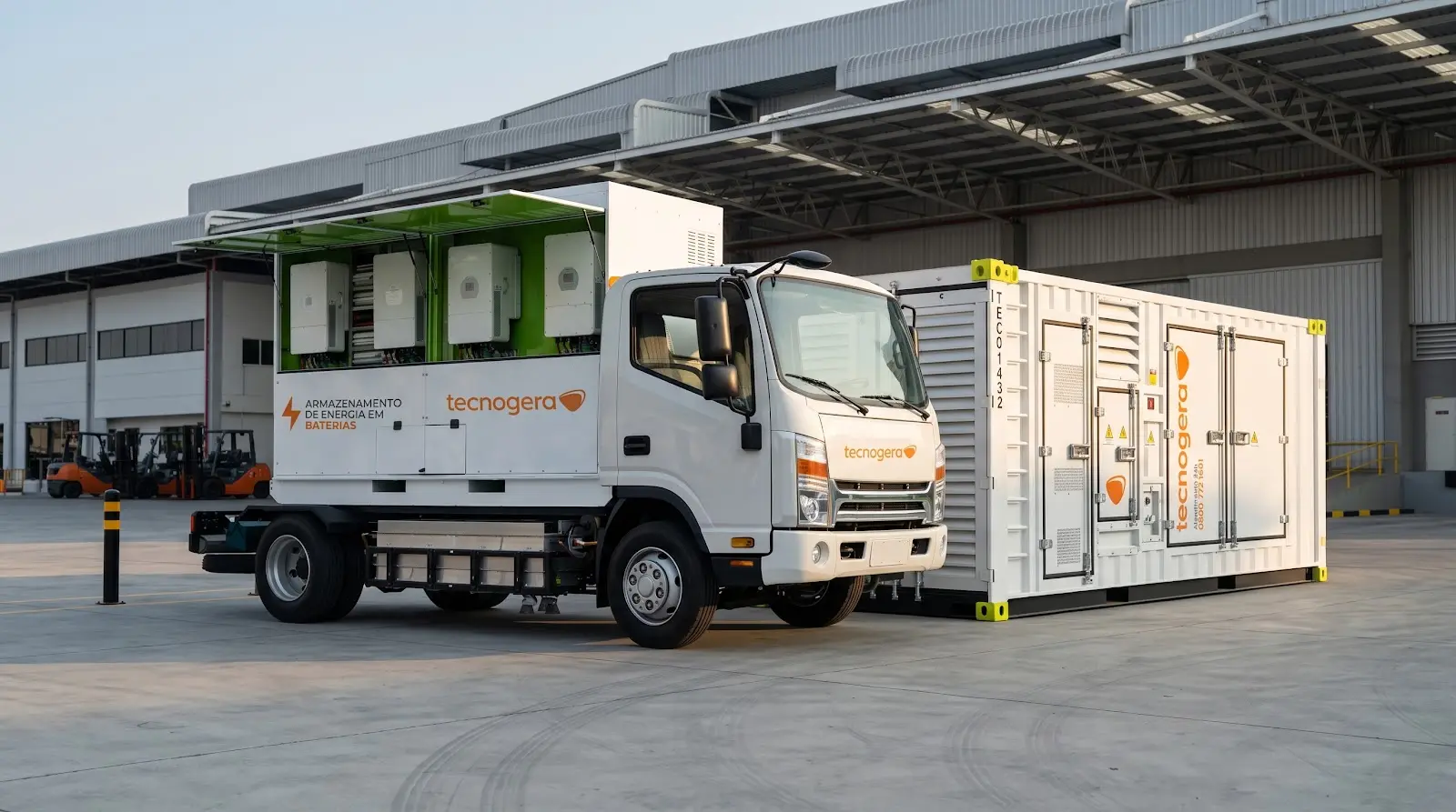 Caminhão e gerador da Tecnogera em pátio logístico