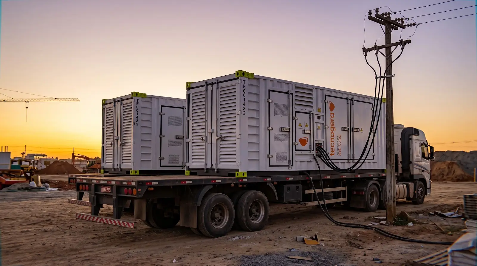 Carreta com geradores da Tecnogera chegando à obra