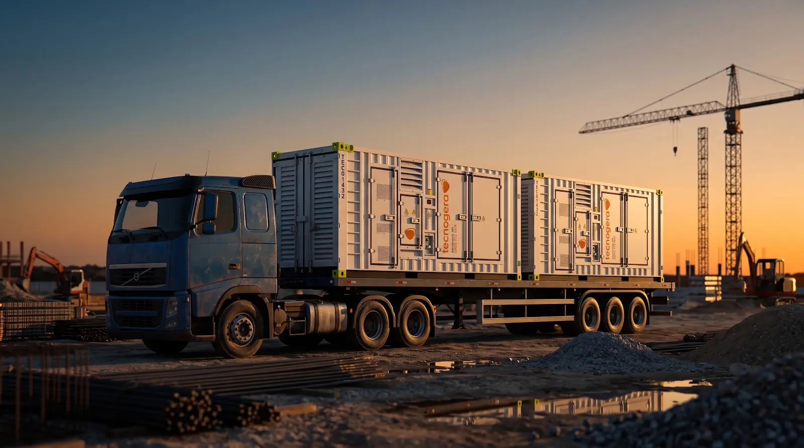 Carreta transportando geradores da Tecnogera em canteiro de obra