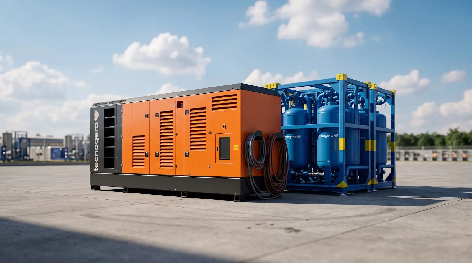 Compressor de ar da Tecnogera com cilindros em pátio industrial
