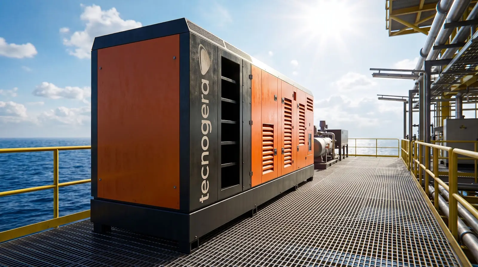 Compressor de ar da Tecnogera em plataforma junto ao mar