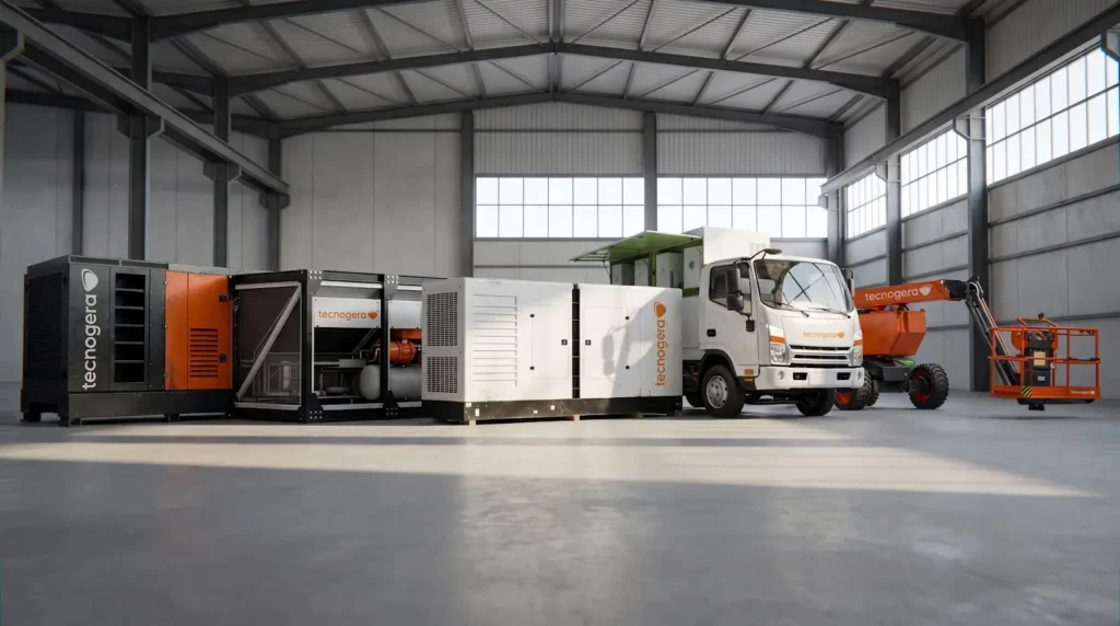 Frota da Tecnogera com gerador, chiller, caminhão e plataforma em galpão