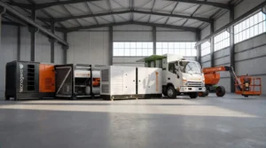 Frota da Tecnogera com gerador, chiller, caminhão e plataforma em galpão