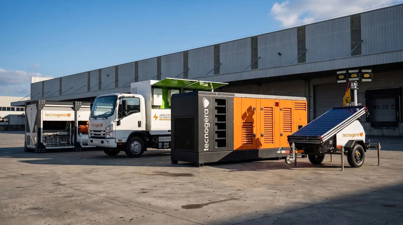 Caminhão, gerador, chiller e torre de iluminação da Tecnogera em pátio