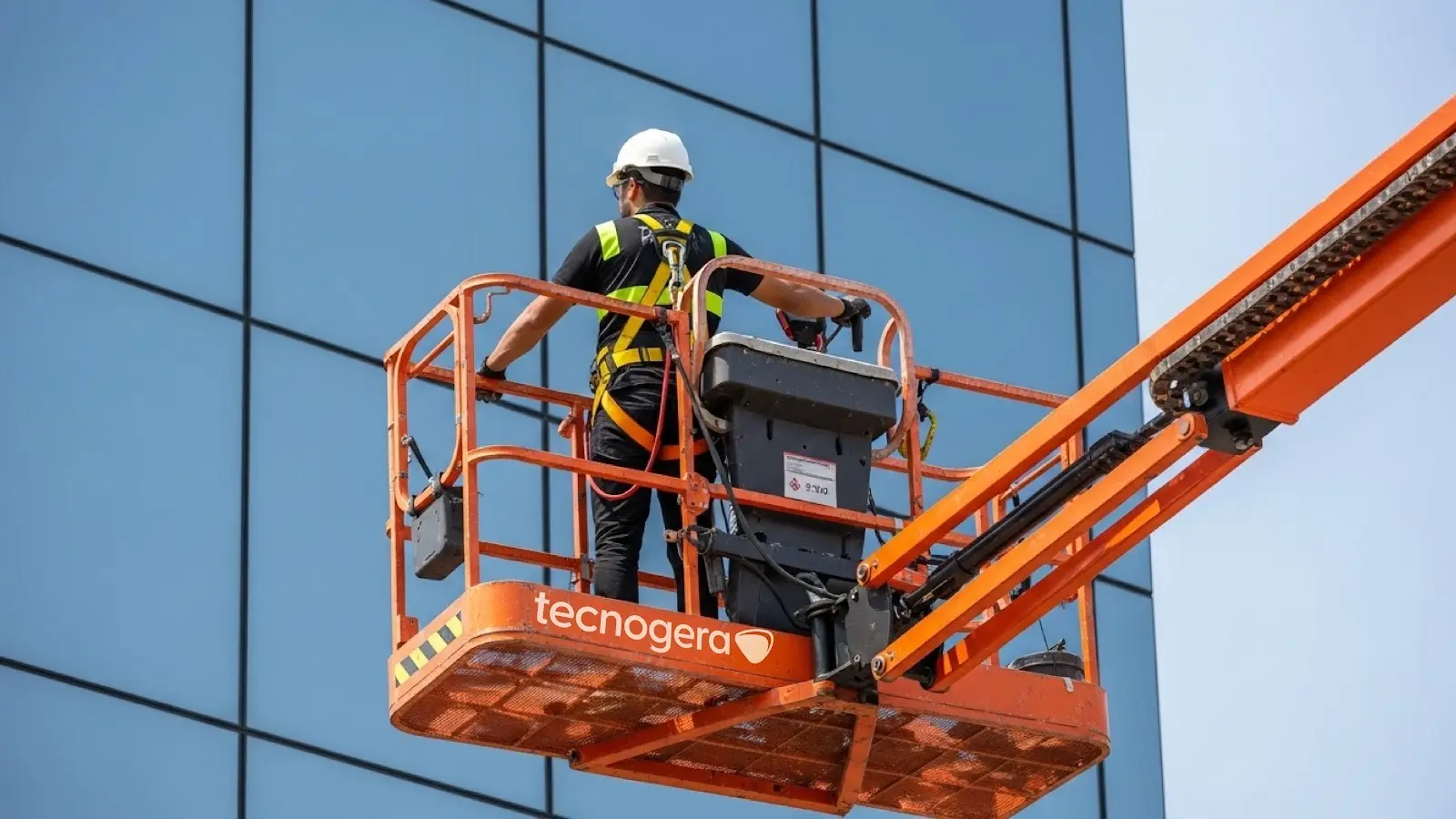 Plataforma elevatória articulada da Tecnogera em trabalho de fachada