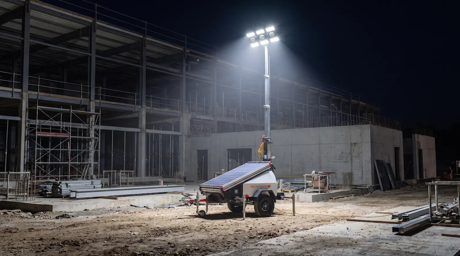 Torre de iluminação da Tecnogera em construção à noite
