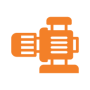 O ícone laranja de uma bomba ou motor industrial em perfil, com alças, representa a confiabilidade da Tecnogera em um fundo cinza claro.
